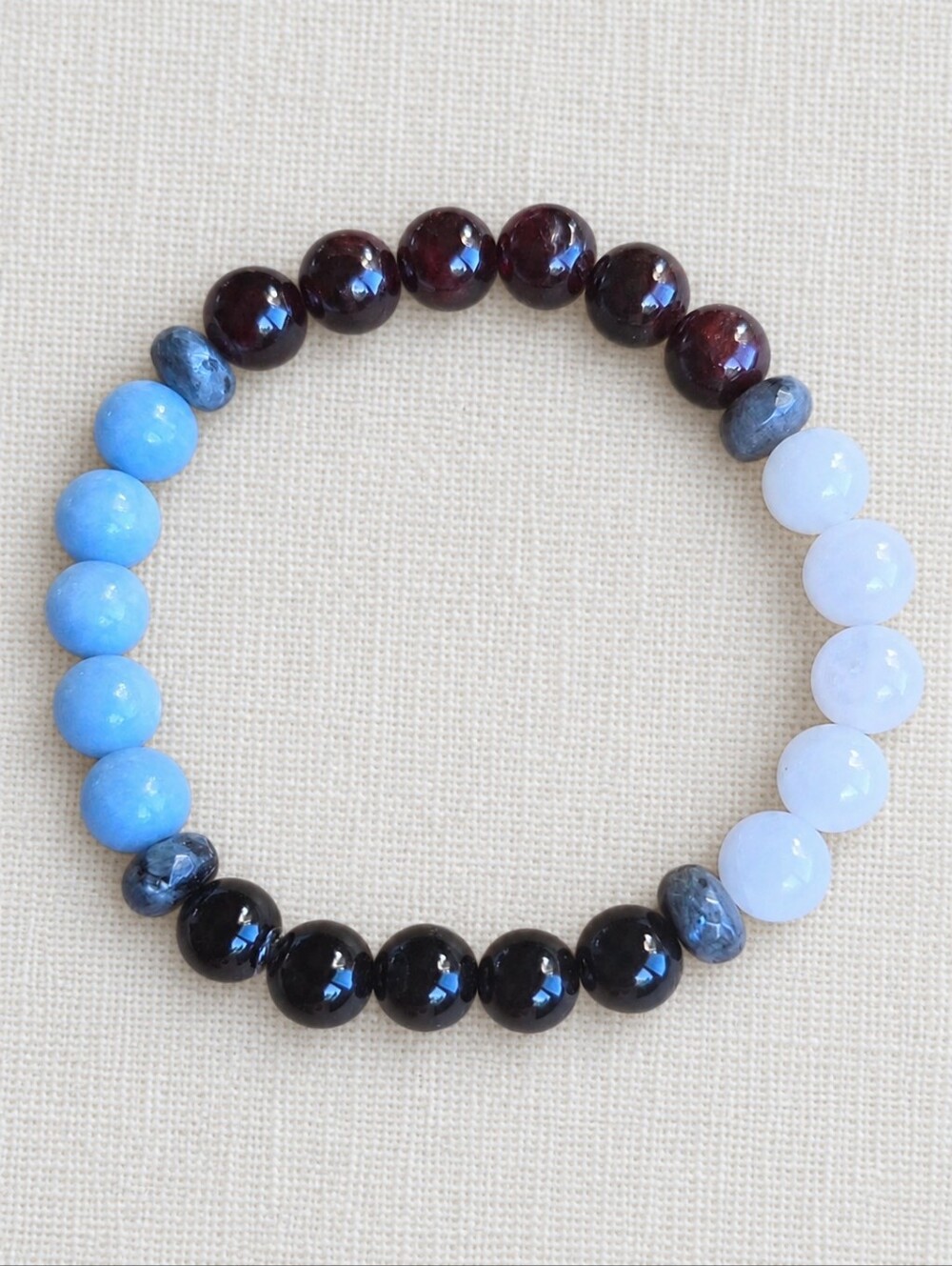 Black Onyx, Garnet, Blue Angelite & White Jade Bead Stretch Bracelet | Handmade